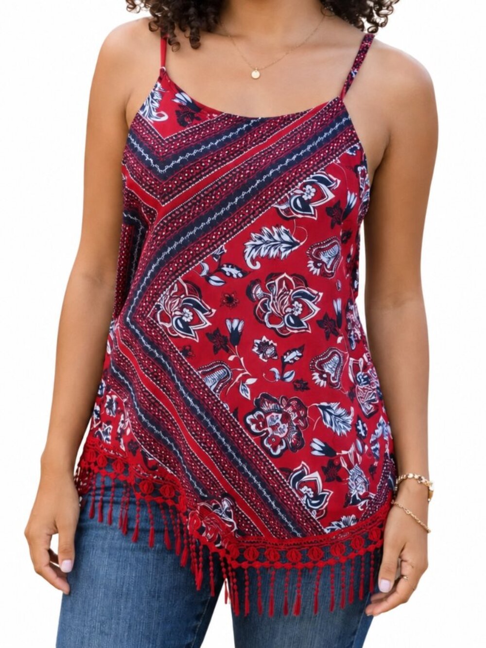 SMALL Women’s Boho Floral Paisley Fringe Hem Spaghetti Strap Tank Top